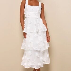 Exceptional Entrance White Sleeveless Tiered Rosette Midi Dress LuLus